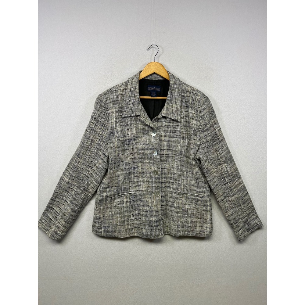 Vintage Herman Geist Professional Silk Tweed Textured Women 16 Blue Cream Blazer